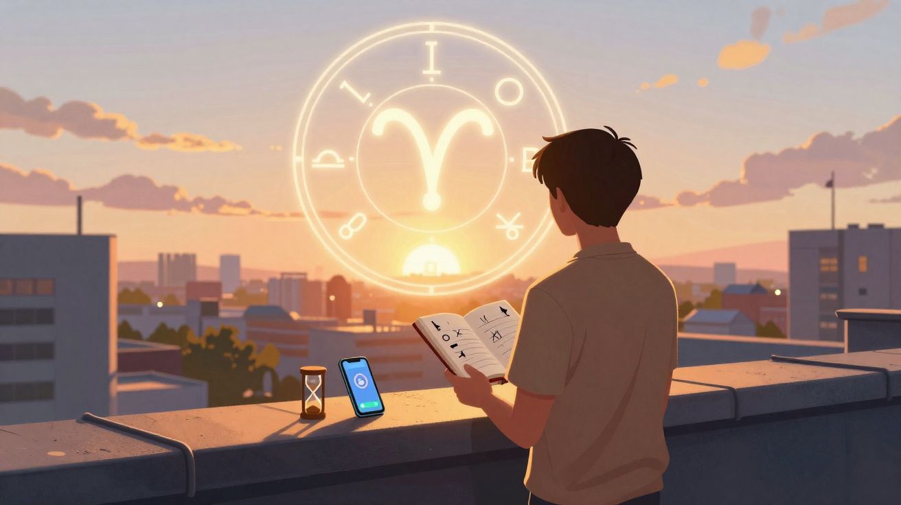 Jovem observa horóscopo de Áries no pôr do sol em terraço com ampulheta e celular ao lado.
