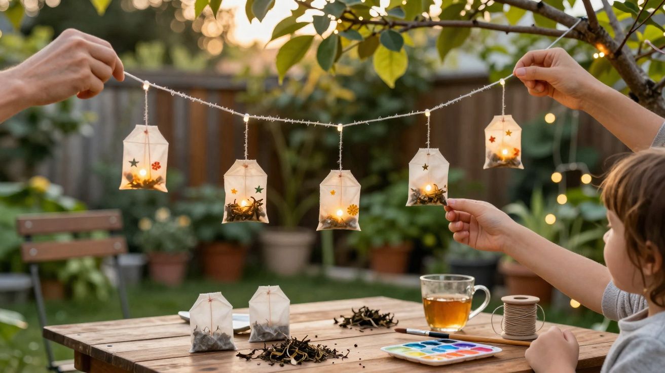 Pessoa e criança seguram luminárias feitas com saquinhos de chá iluminados em jardim ao entardecer.