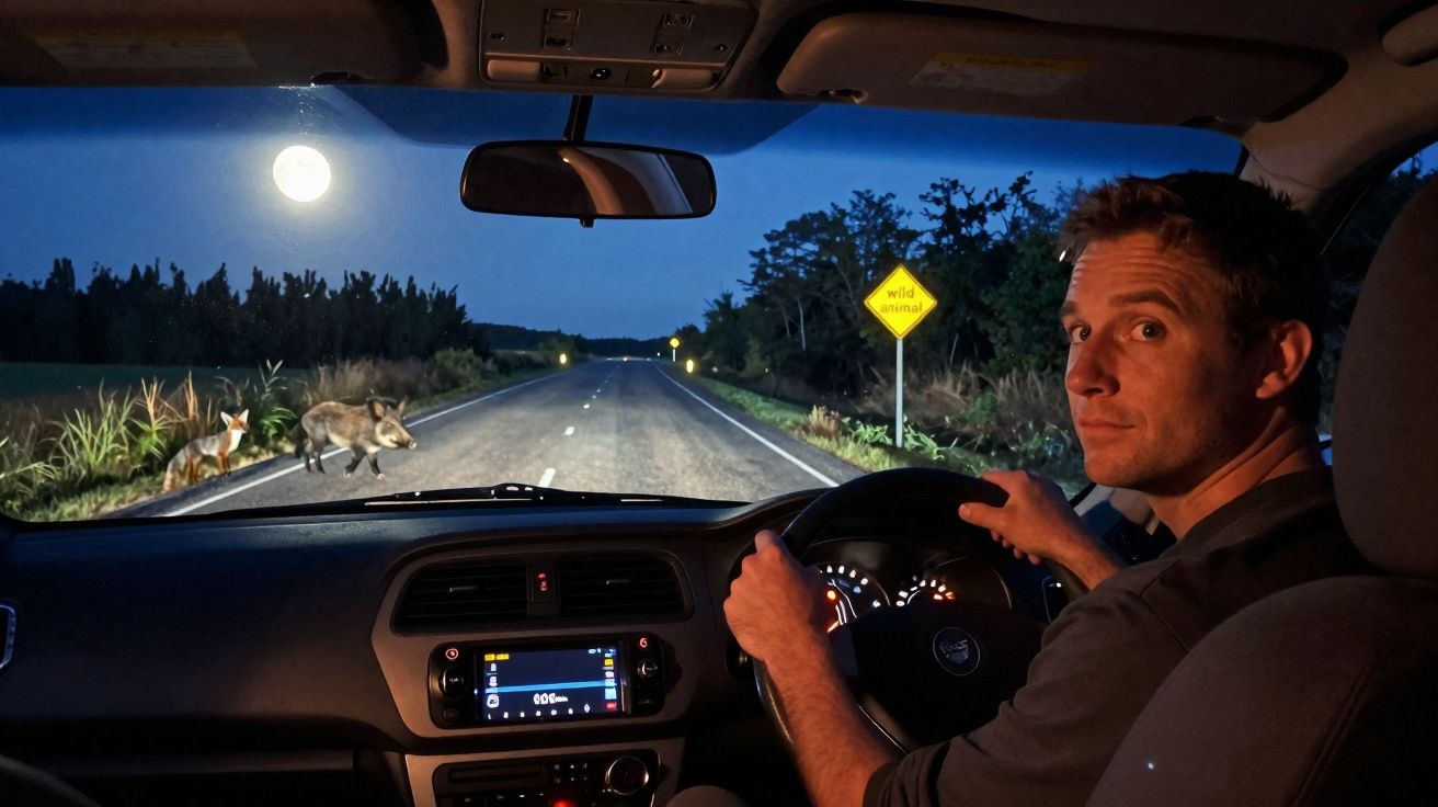 Homem dirige à noite em estrada rural com lua cheia e animais cruzando à frente do carro.