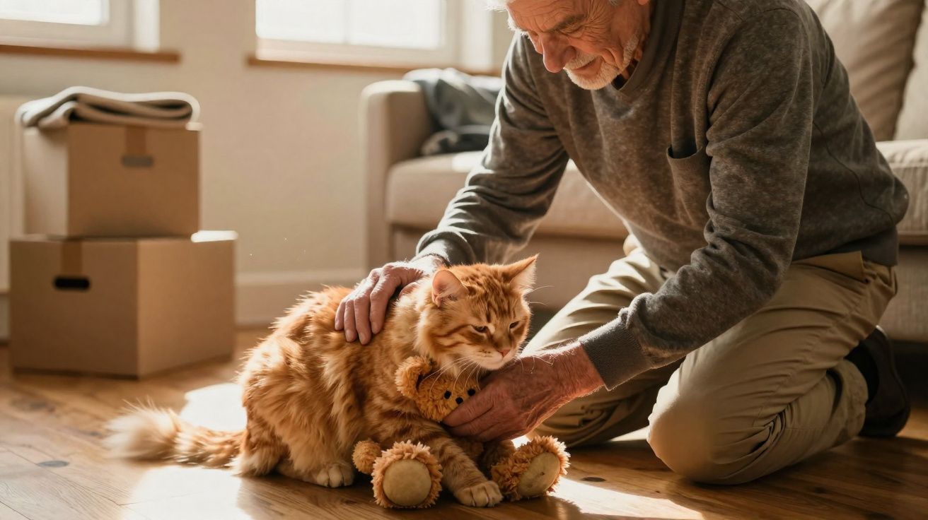 Idoso acaricia gato laranja sentado no chão ao lado de uma pelúcia em uma sala iluminada.