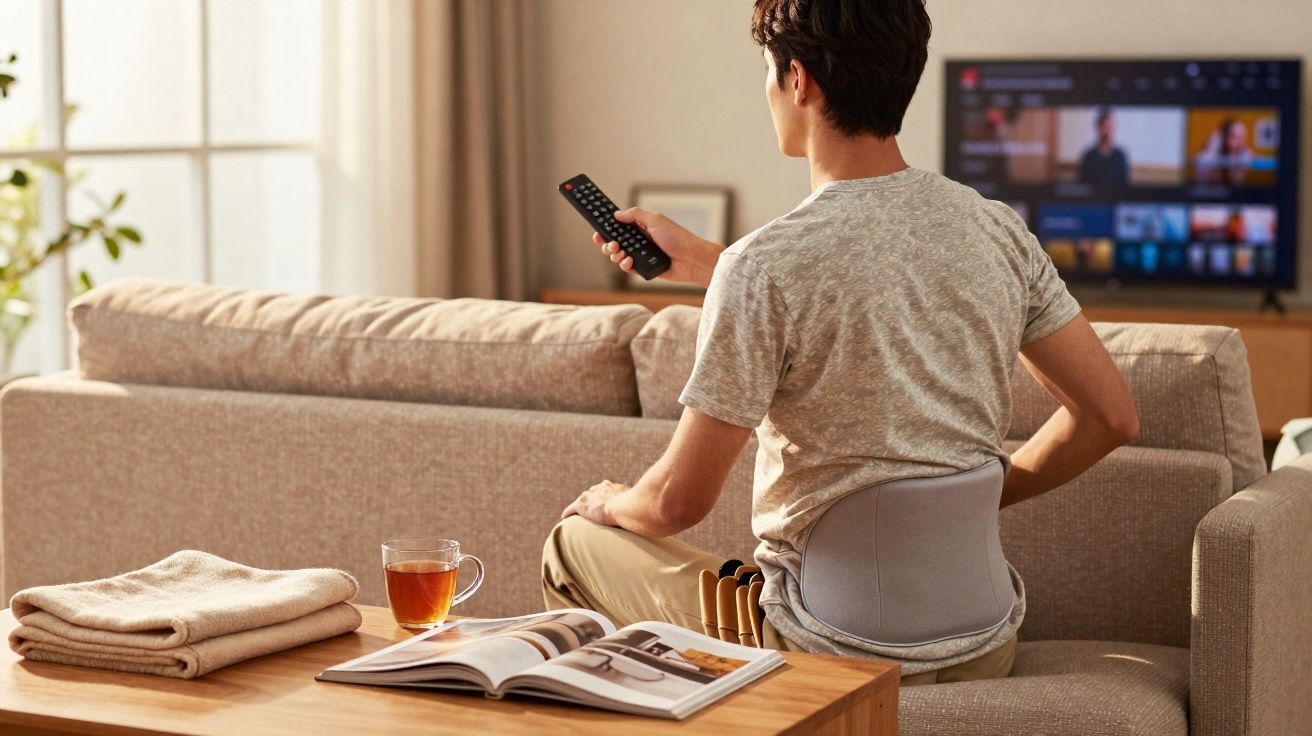 Pessoa sentada no sofá com suporte para lombar, segurando controle remoto e assistindo televisão.