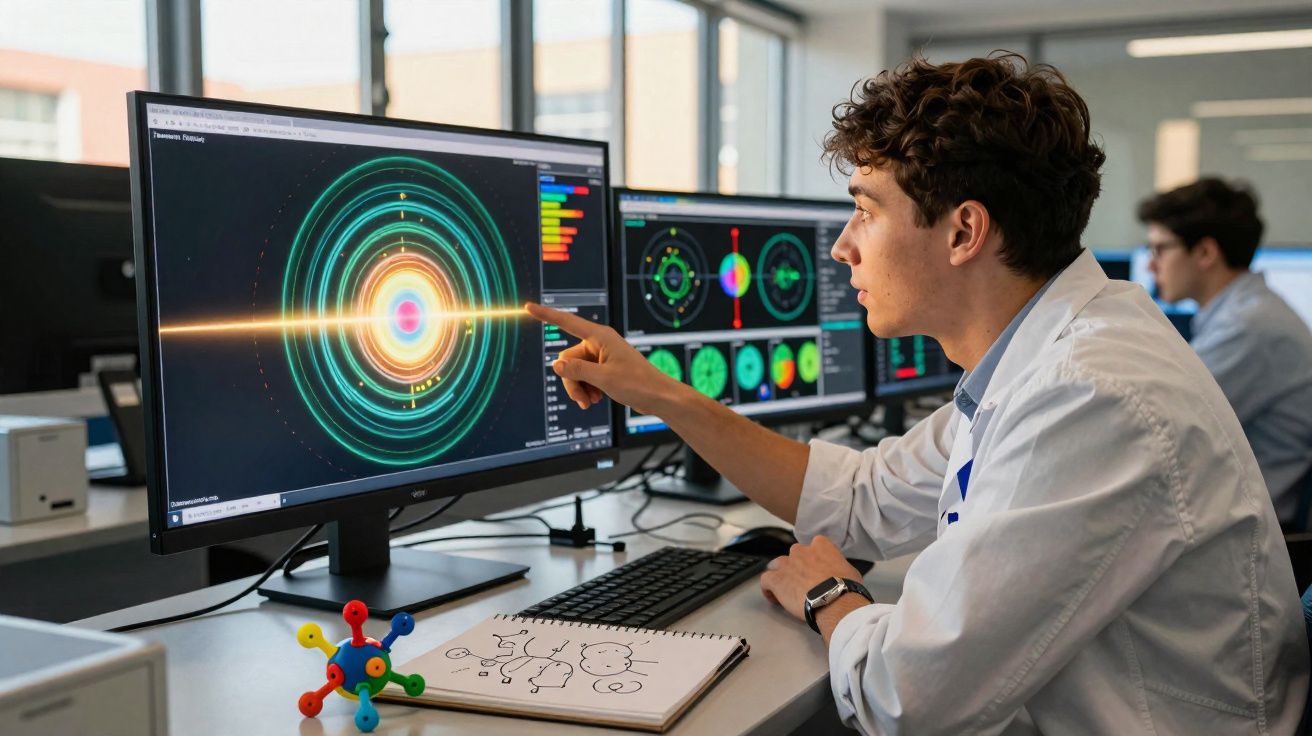 Jovem cientista em laboratório observa e aponta para gráficos circulares coloridos em monitores de computador.