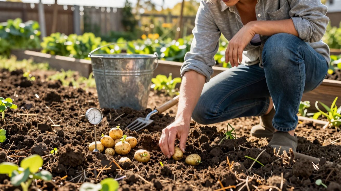Pessoa colhendo batatas na terra de uma horta ensolarada com um balde e ferramenta ao fundo.