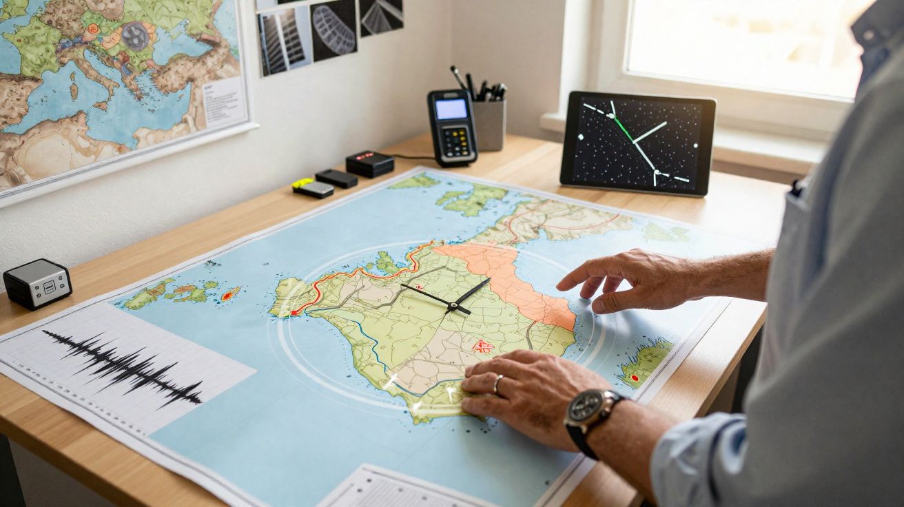 Mesa com mapa da Península Ibérica com relógio analógico sobreposto e mãos ajustando-o em ambiente de escritório.