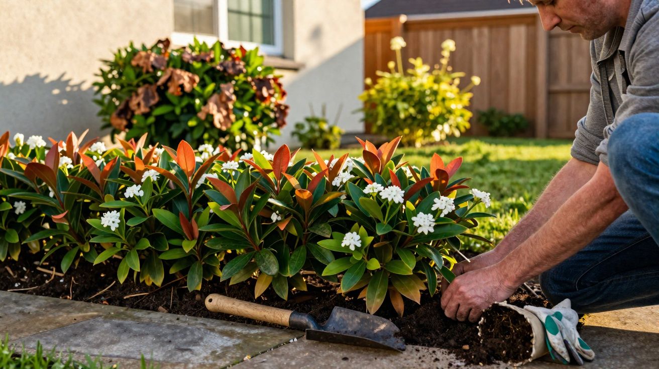 Pessoa plantando flores brancas em jardim próximo a casa em dia ensolarado.