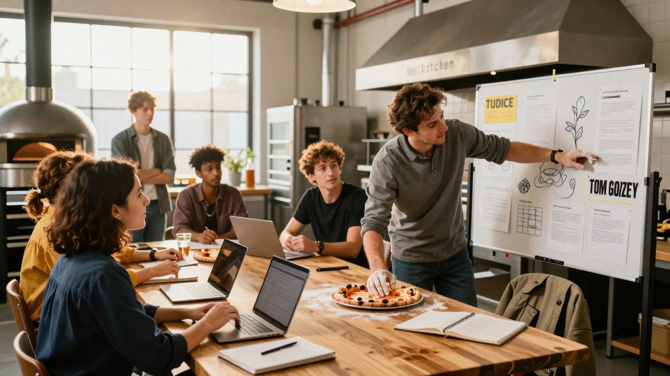 Jovem apresenta projeto para grupo em sala moderna com pizza sobre a mesa e laptops abertos.
