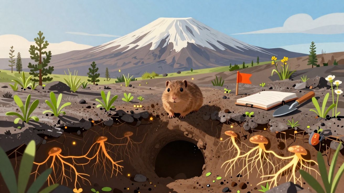 Ilustração de camundongo na entrada de toca com raízes luminosas e montanha ao fundo.