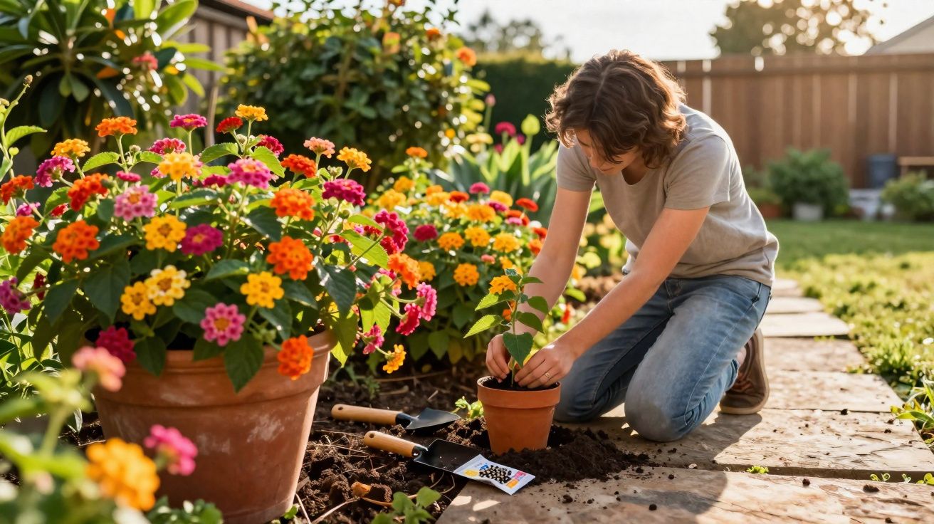 Jovem plantando flores em vaso no jardim ao ar livre, rodeado de plantas coloridas e ferramentas de jardinagem.