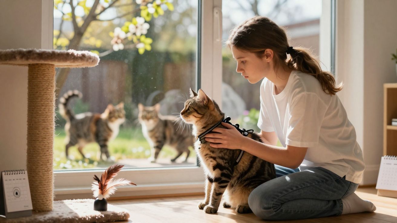 Menina sentada no chão dentro de casa com gato no colo olhando para gatos do lado de fora da janela.