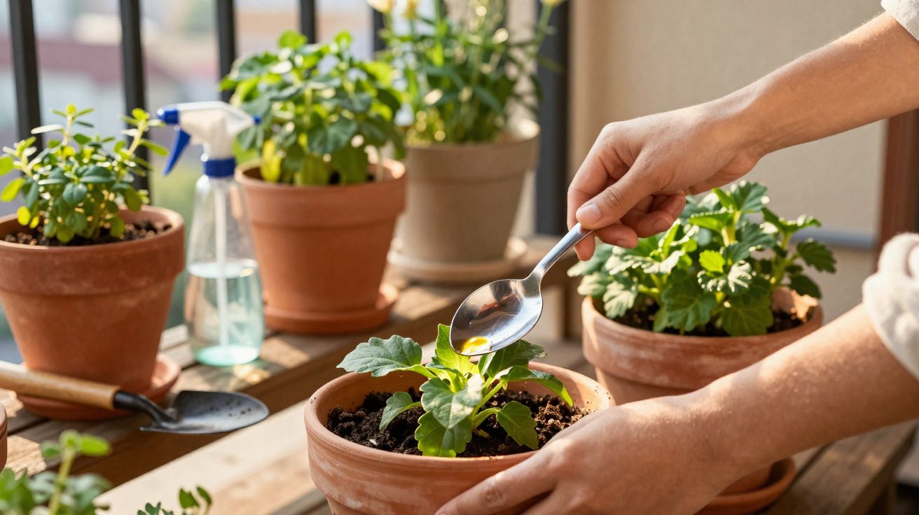 Mãos regando muda de planta em vaso de barro, com outros vasos e pulverizador ao fundo.