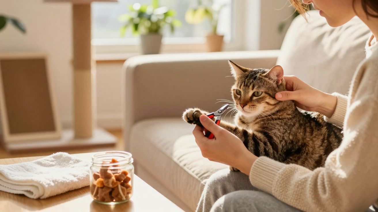 Pessoa cuidando das unhas de um gato amarelo deitado no colo, em ambiente iluminado e aconchegante.