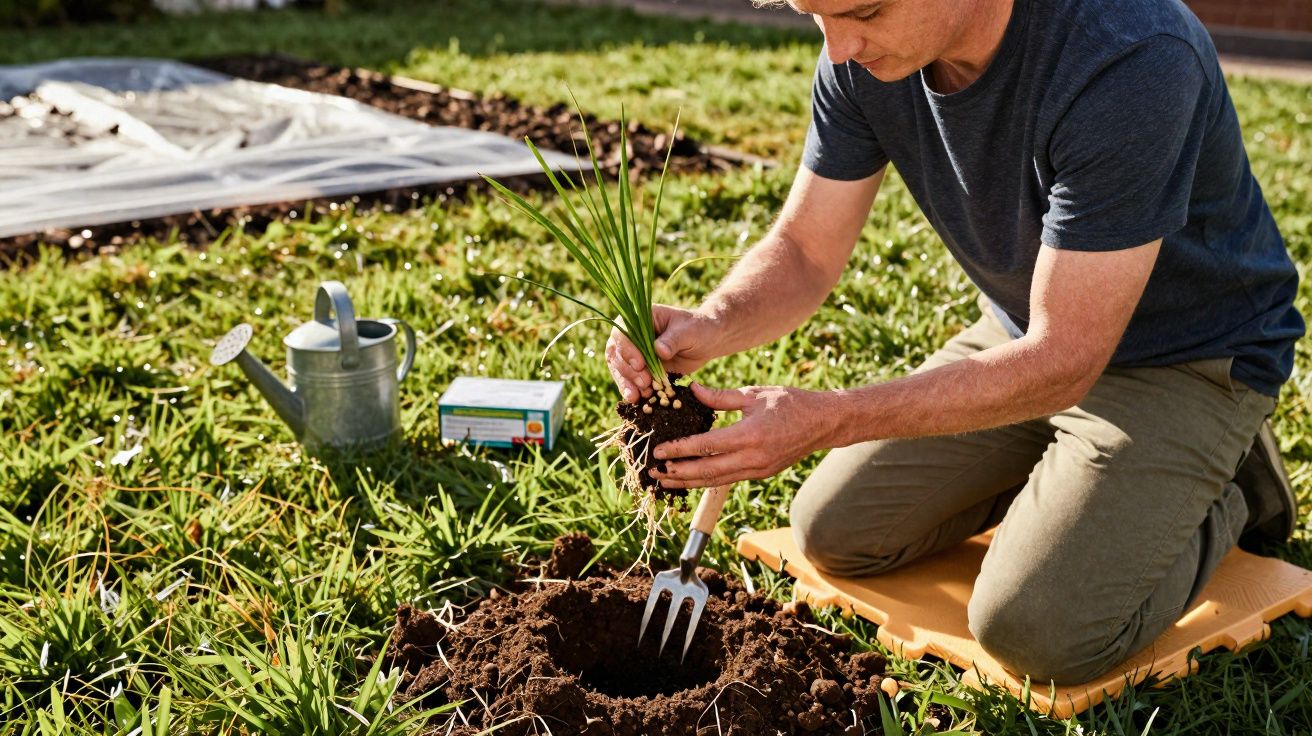 Homem ajoelhado plantando muda de planta em jardim com regador e ferramentas ao redor.