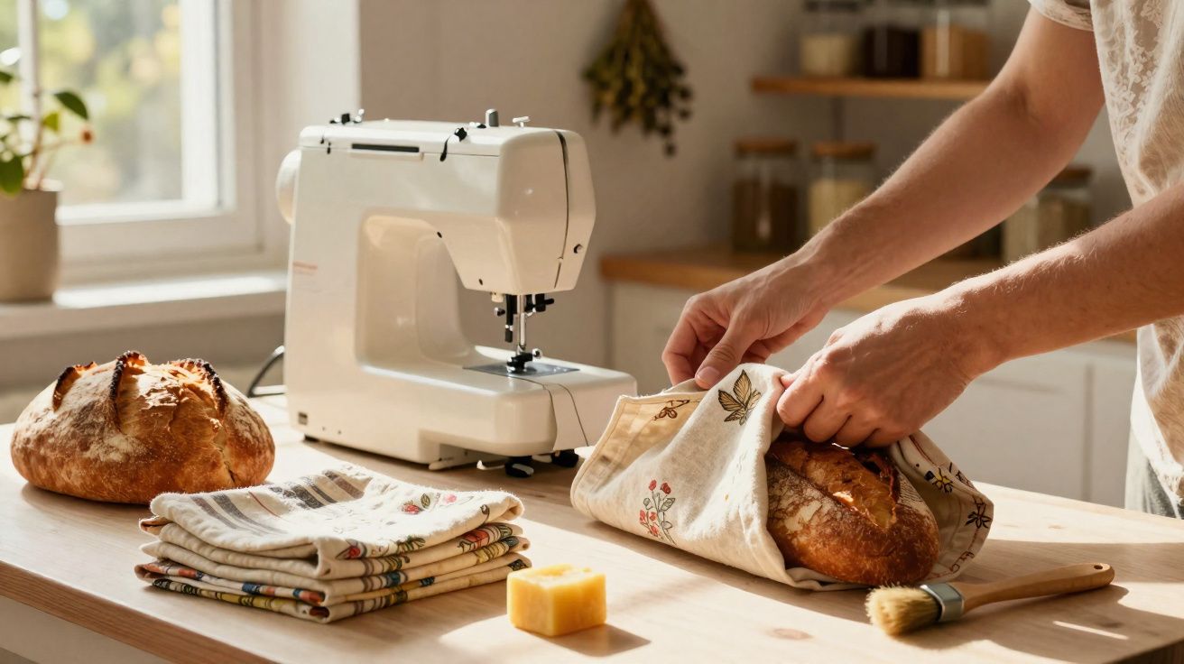 Pessoa embalando pão artesanal com pano em cozinha iluminada, máquina de costura e pão ao fundo.