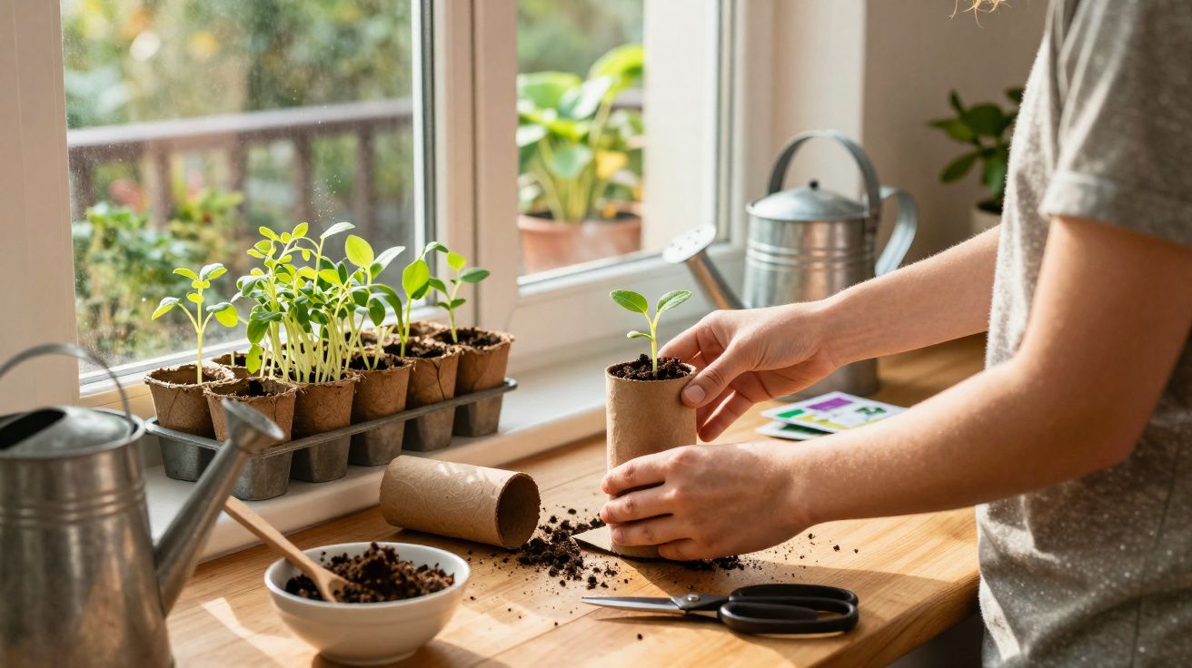 Pessoa transplantando muda de planta em vaso biodegradável em mesa de madeira perto da janela.