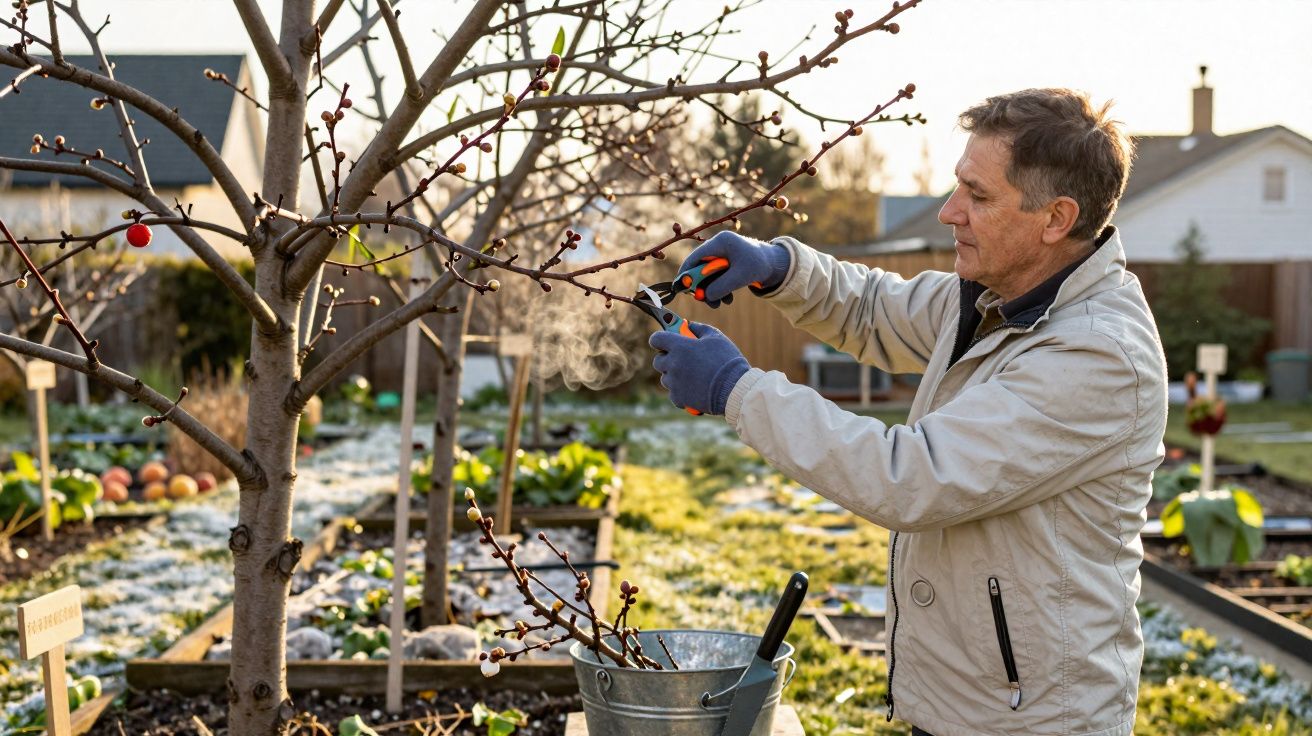 Homem podando galhos de árvore em pomar com ferramentas e luvas num jardim na luz do dia.