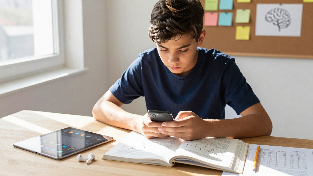 Menino concentrado usando celular sentado à mesa com livro aberto, tablet e fones de ouvido ao lado.