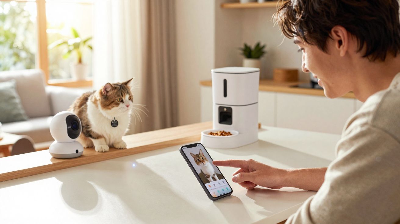 Pessoa interagindo com app para monitorar gato em câmera enquanto está na cozinha com alimentador automático.
