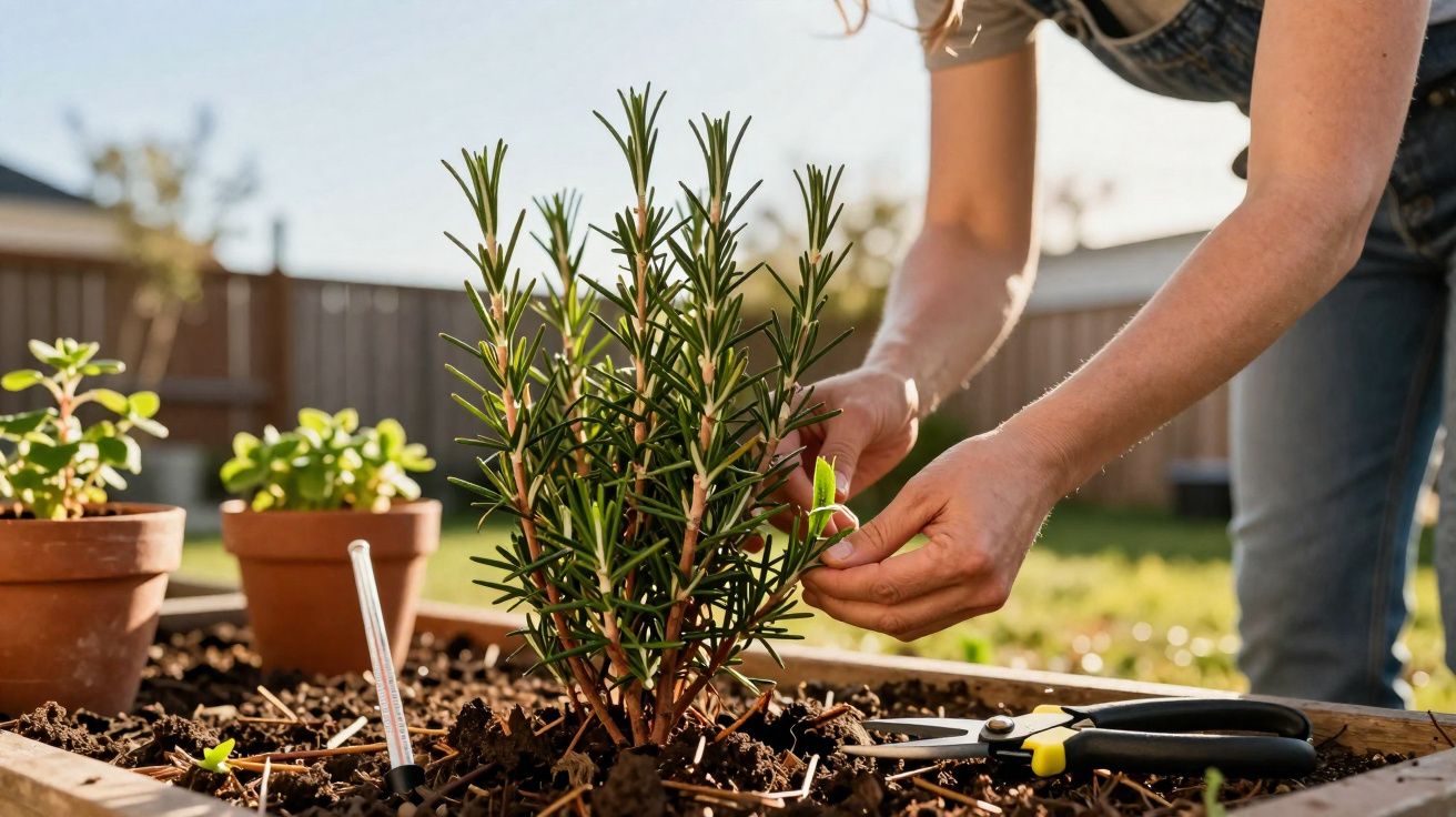 Pessoa cuidando de planta em vaso de madeira em jardim ensolarado com ferramentas de jardinagem.