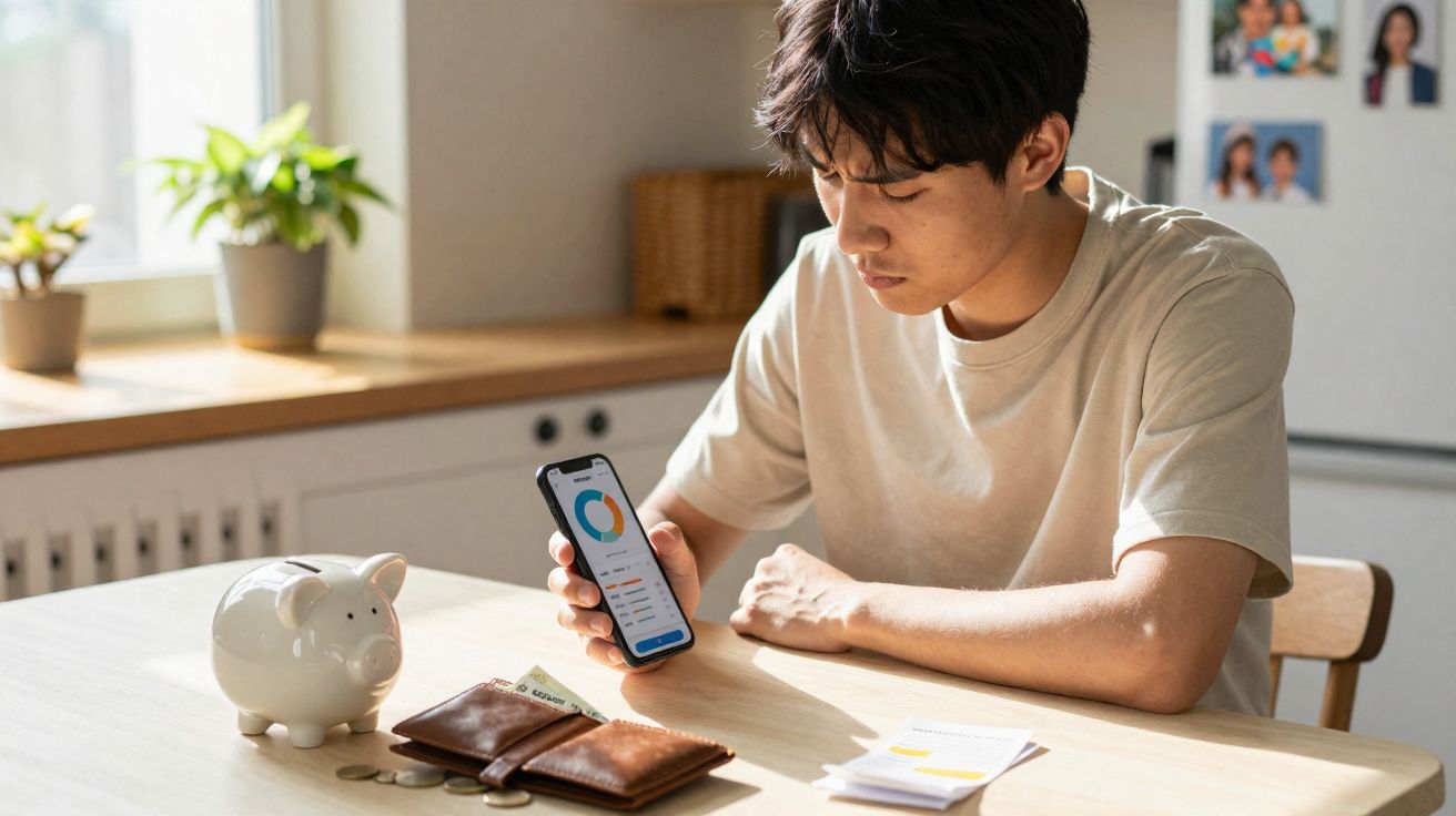 Jovem analisando finanças no celular com cofrinho, carteira e moedas sobre a mesa clara.