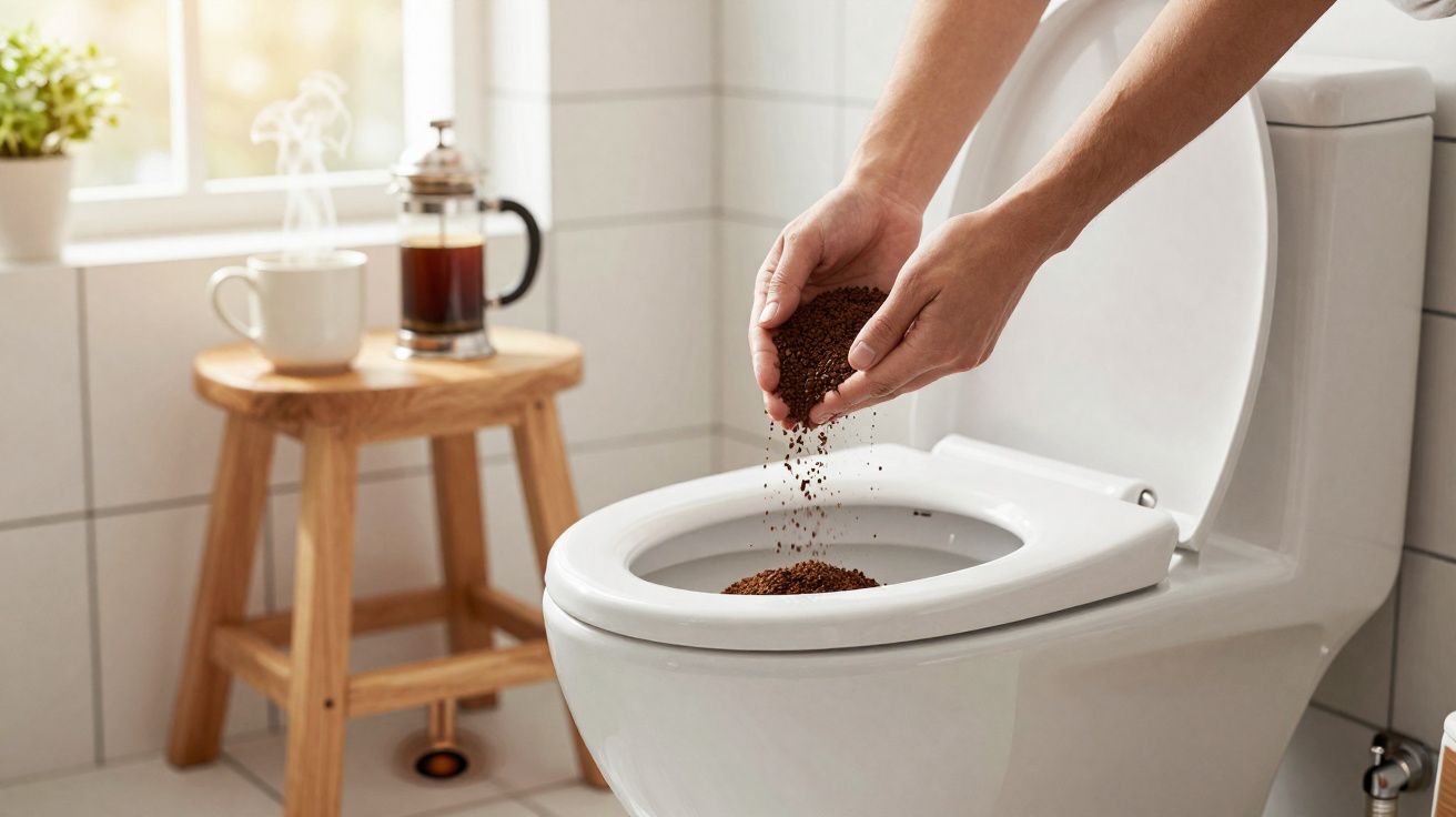 Pessoa despejando café moído dentro de vaso sanitário branco em banheiro iluminado.