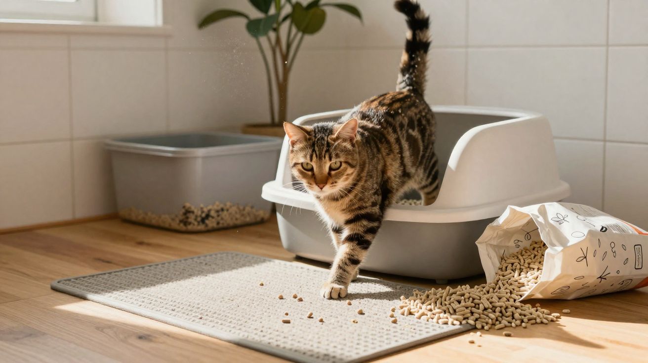 Gato saindo da caixa de areia com pellets espalhados ao lado em piso de madeira iluminado pelo sol.