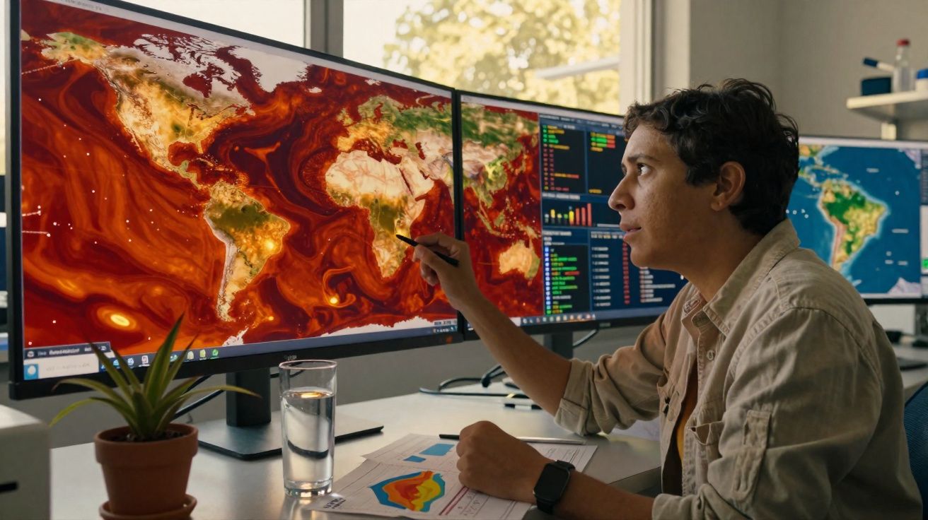 Pessoa analisando mapas climáticos em monitores grandes com visualização de dados e gráficos em escritório iluminado.
