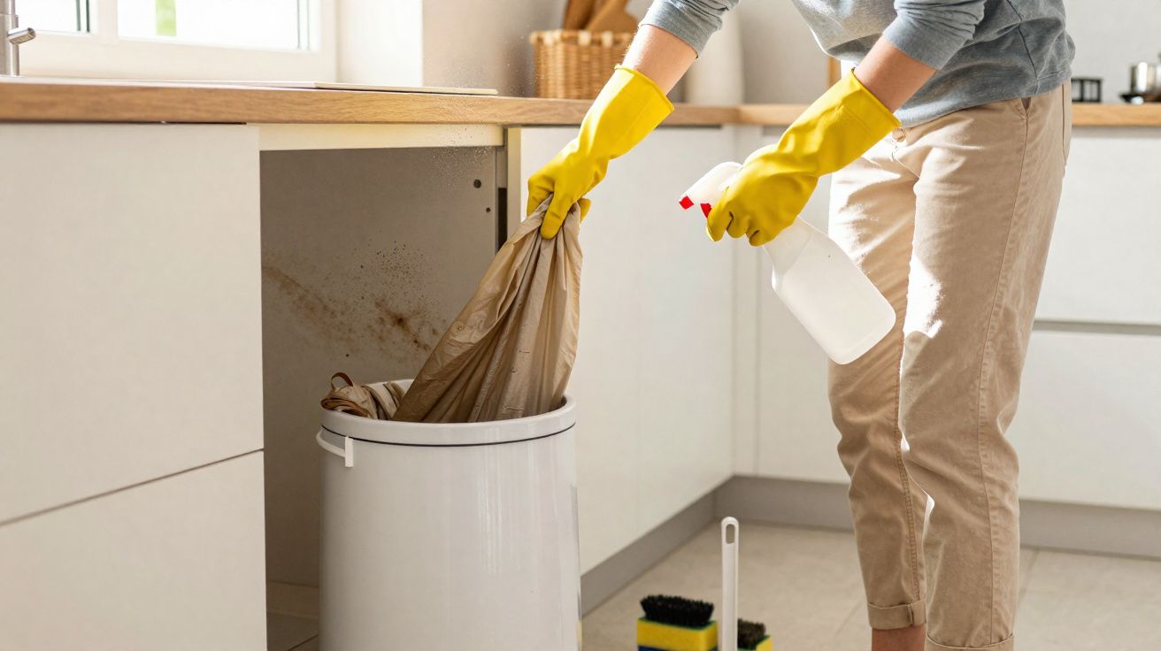Pessoa com luvas amarelas limpando armário da cozinha com spray e saco de lixo.
