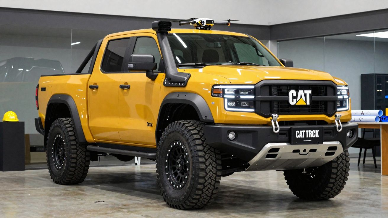 Picape amarela CAT TRCK com pneus off-road e snorkel, exibida dentro de um salão moderno.