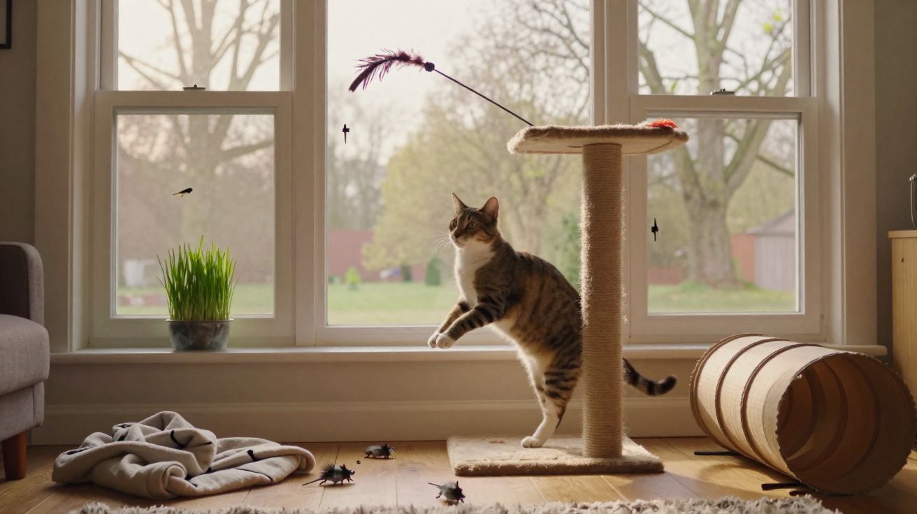 Gato cinza e branco em brinquedo de arranhar perto da janela com brinquedos e plantas ao redor.
