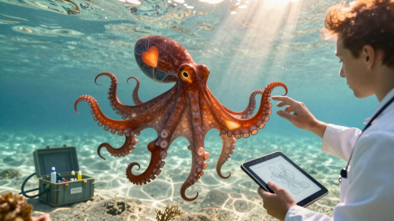 Polvo marrom com coração na cabeça interage com jovem cientista segurando tablet no fundo do mar.