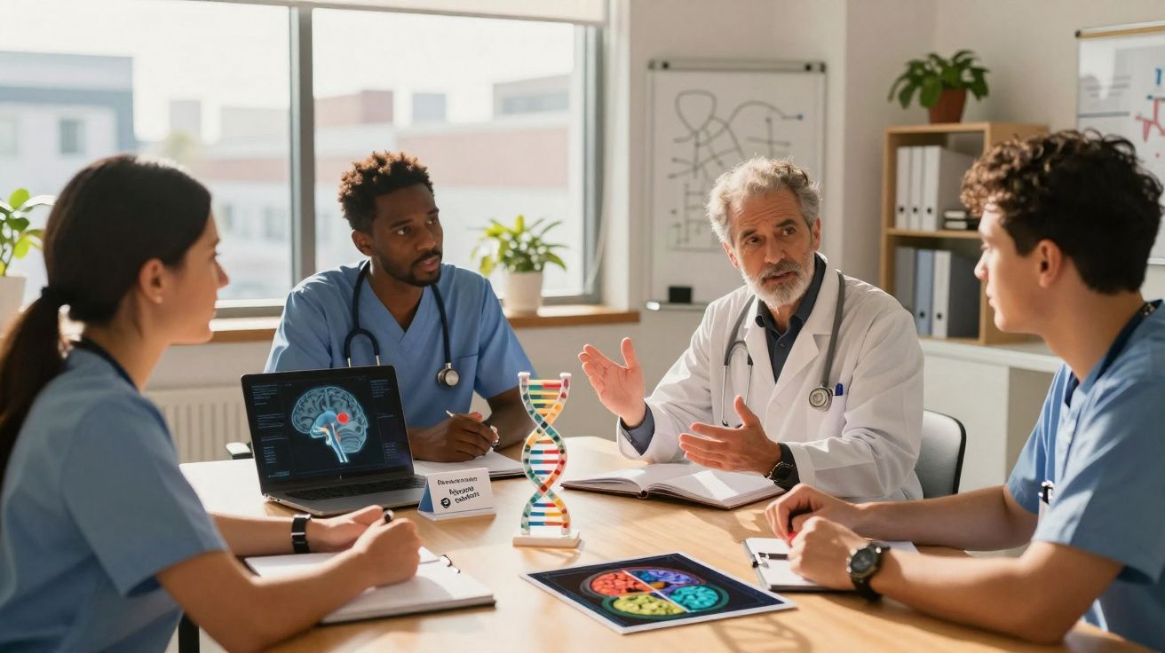Equipe médica reunida em reunião, discutindo imagens cerebrais e modelo de DNA em sala de conferências iluminada.