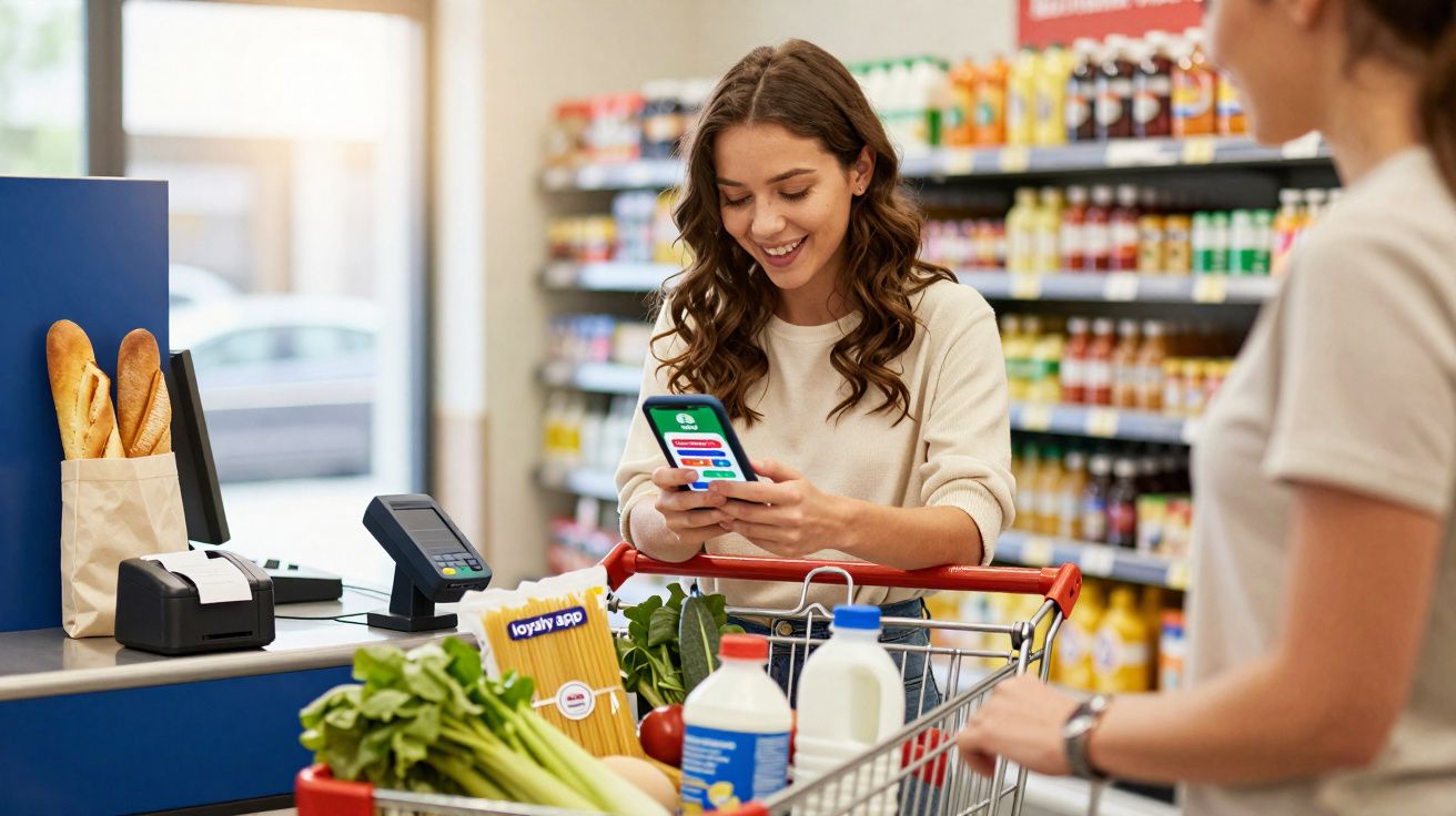 Mulher sorrindo usa celular para pagar compras com outra pessoa no caixa de supermercado.