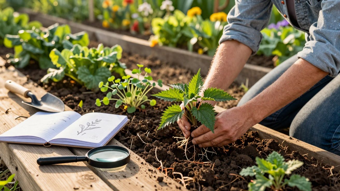 Pessoa plantando muda em canteiro de jardim com lupa, livro de botânica e pá ao lado.