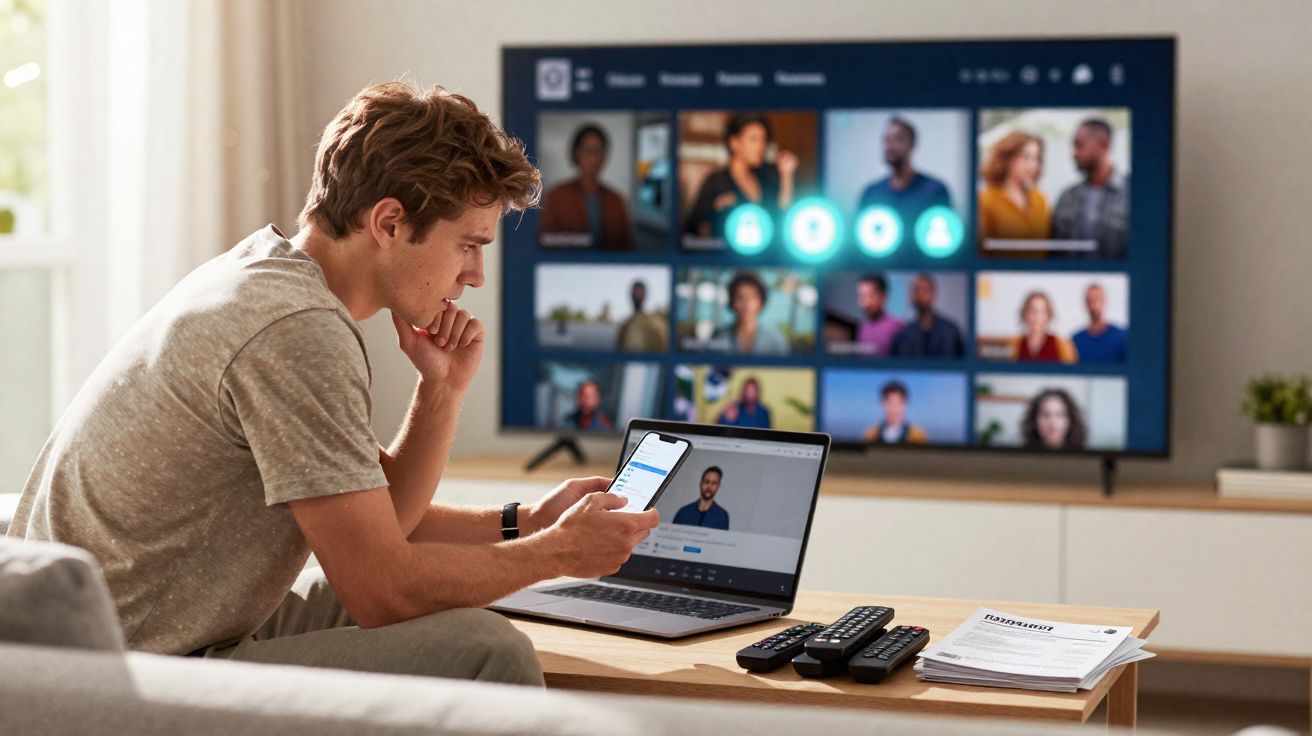 Homem sentado no sofá usando smartphone e laptop, com TV exibindo videoconferência ao fundo.