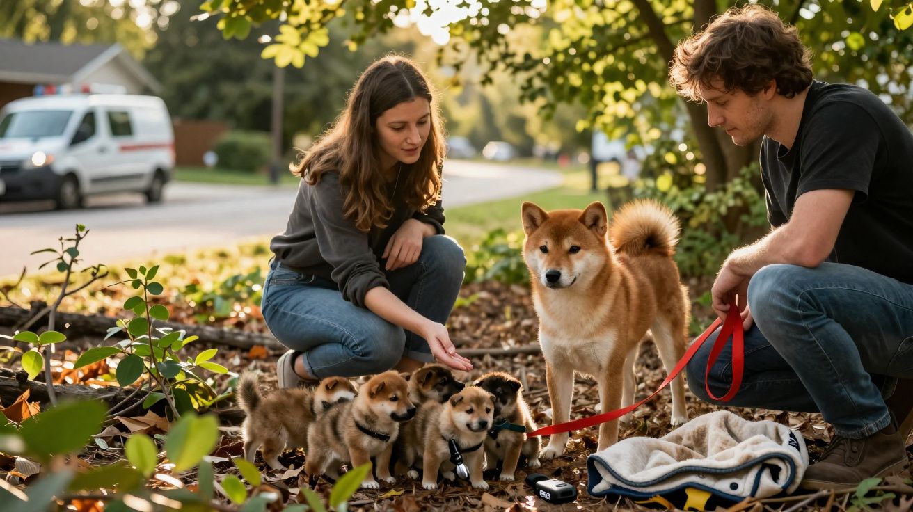 Casal agachado no parque com cachorro adulto e cinco filhotes da raça Shiba Inu.