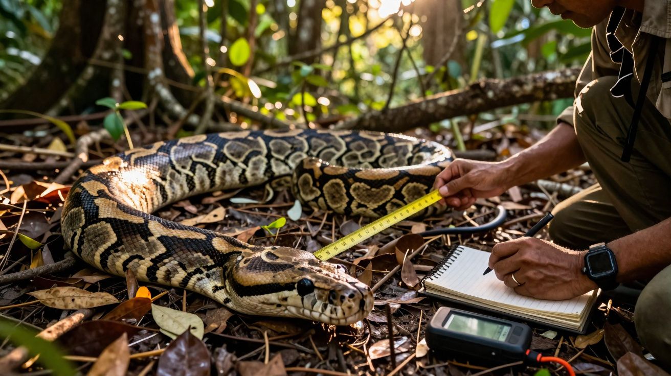 Pessoa medindo uma píton com fita métrica e anotando dados em caderno na floresta.