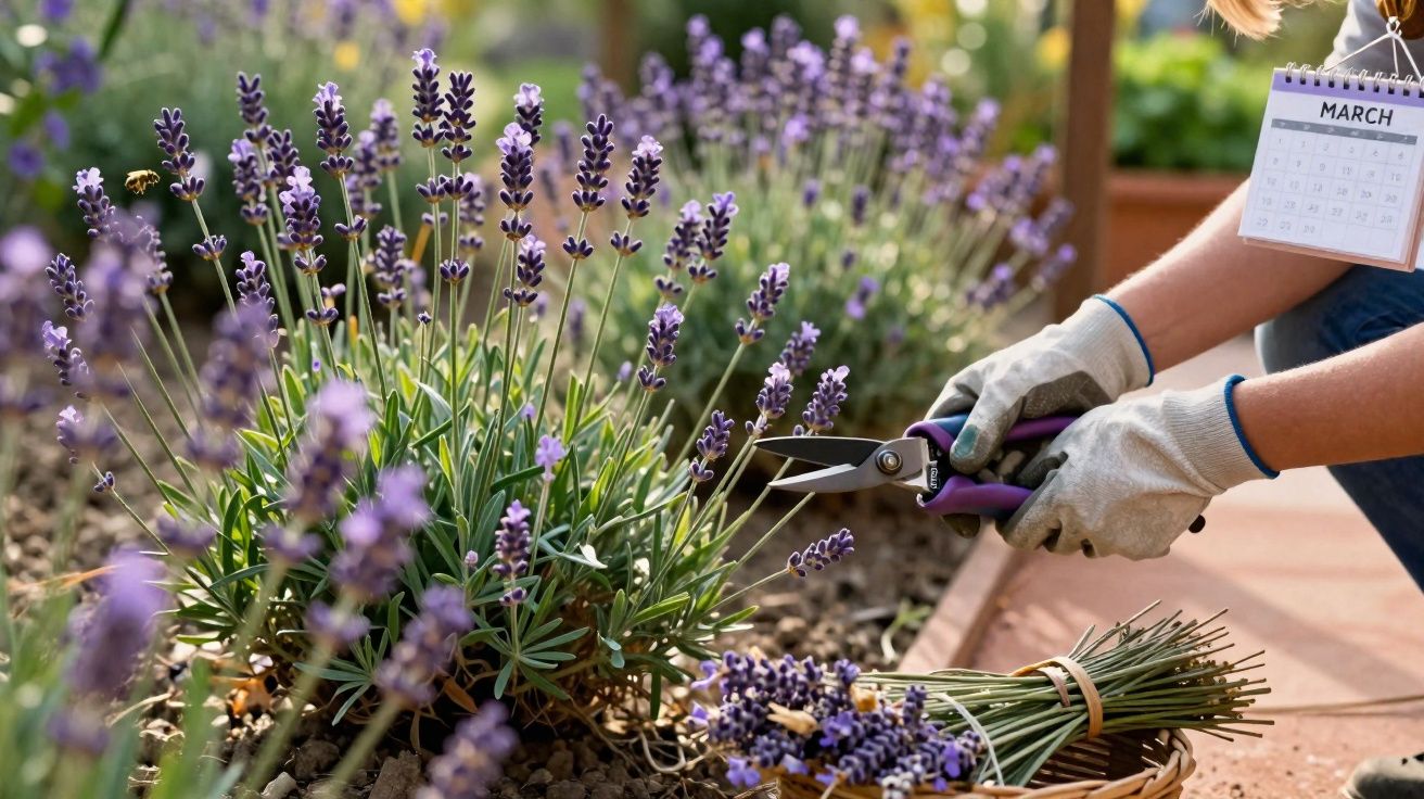 Mãos com luvas podando flores de lavanda roxa com tesoura em jardim, com cesto e calendário de março.