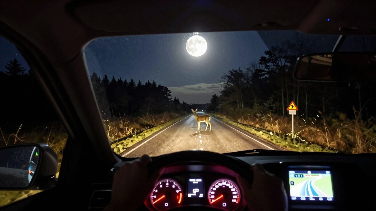 Visão noturna de dentro de um carro com um veado parado na estrada sob a lua cheia brilhante.