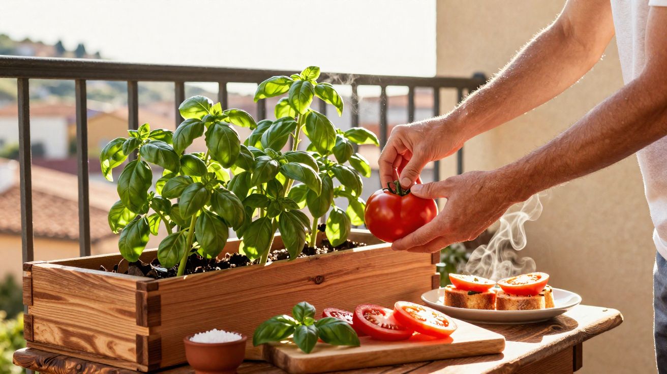 Mãos seguram tomate fresco ao lado de manjericão em vaso de madeira e pão com tomate e manjericão na mesa.