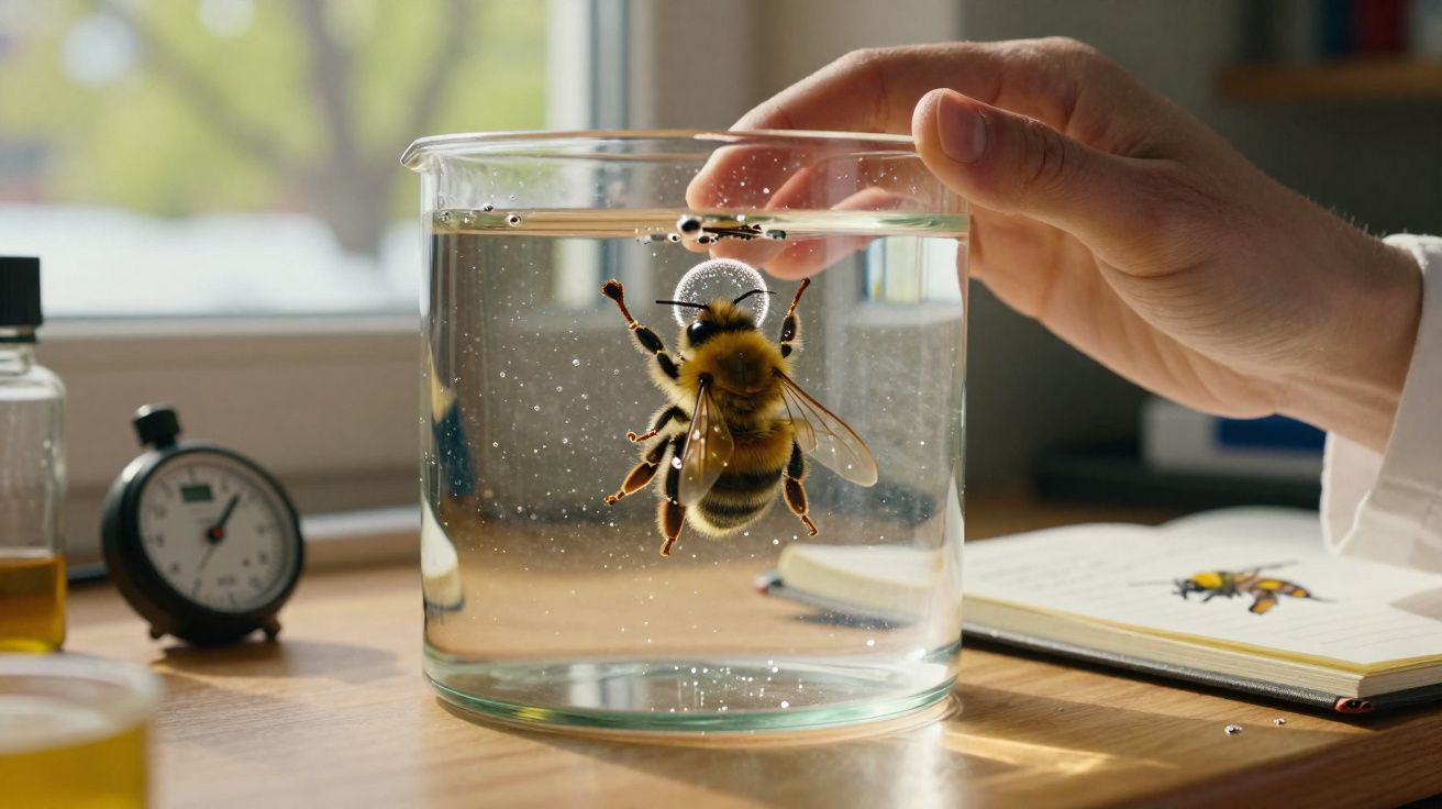 Abelha suspensa em um recipiente com água, enquanto uma pessoa segura a borda do vidro em ambiente de estudo.