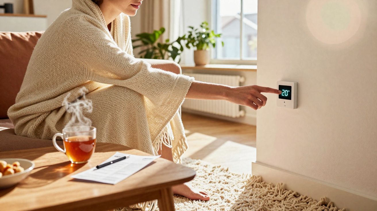 Mulher ajusta termostato digital em ambiente aconchegante com xícara de chá na mesa.
