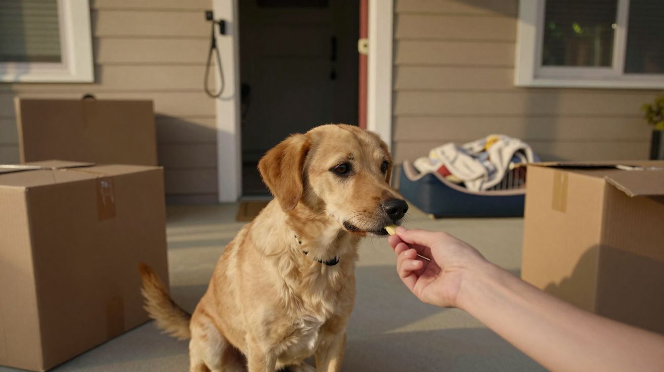 Cachorro dourado recebendo petisco da mão de uma pessoa na varanda com caixas de mudança ao fundo.