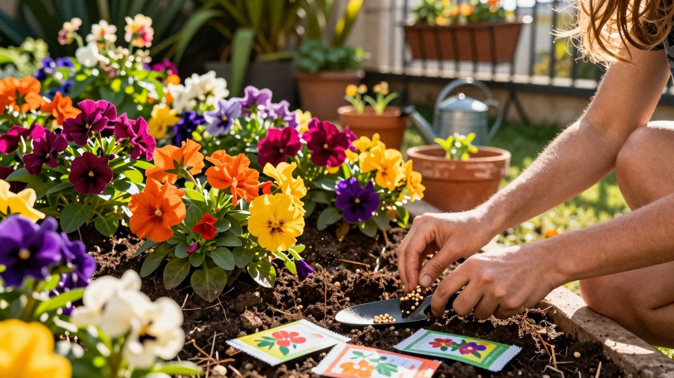 Pessoa plantando sementes em canteiro com flores coloridas em jardim ensolarado.