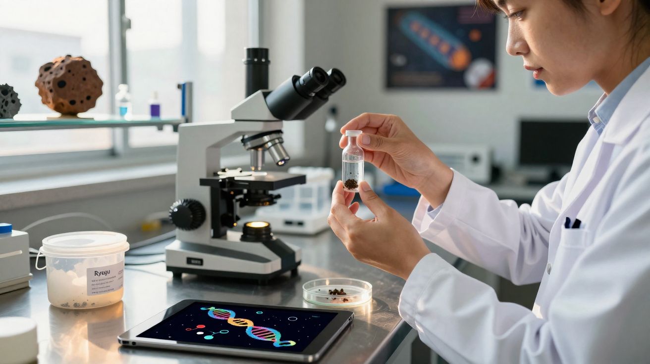 Pesquisadora de jaleco branco analisando amostra em frasco, com microscópio e tablet na mesa do laboratório.