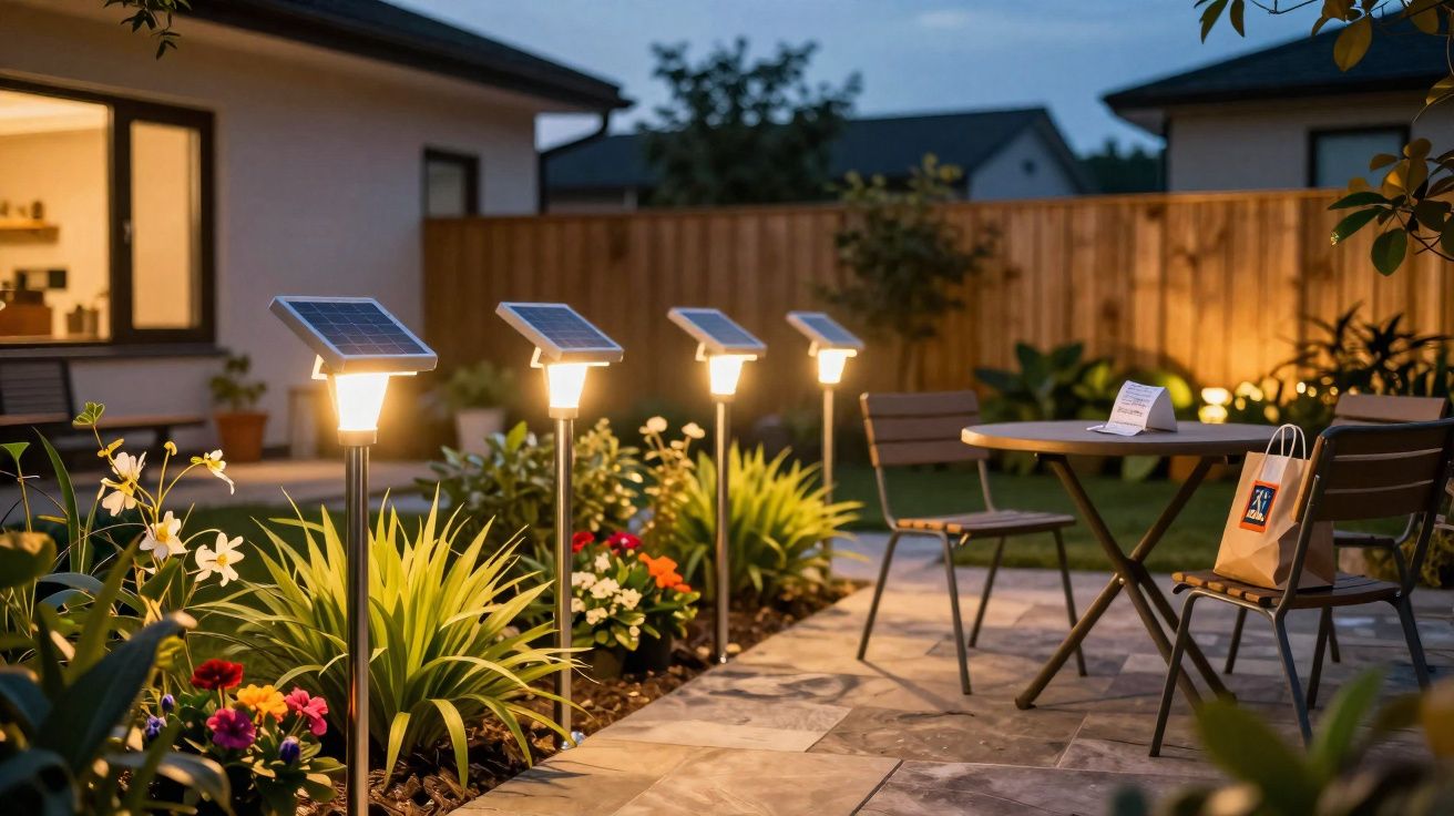 Varanda iluminada à noite com luminárias solares e mesa com cadeiras em jardim decorado.
