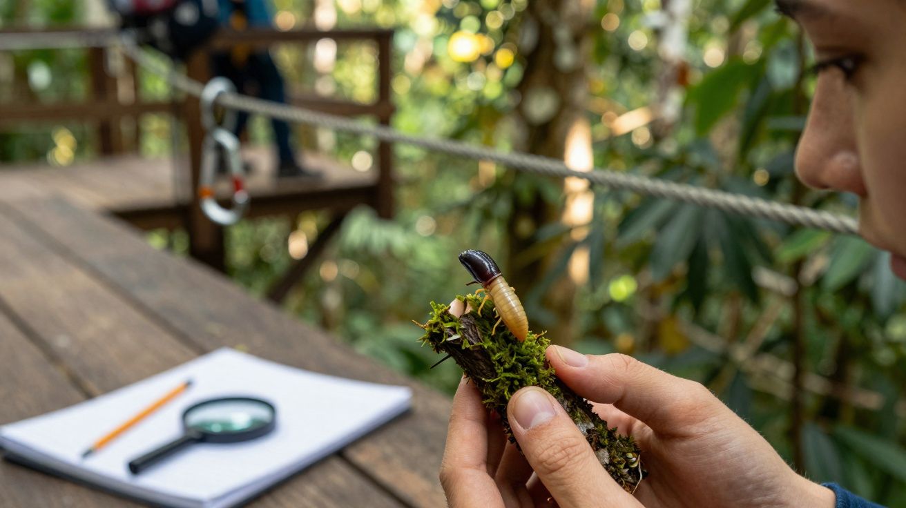 Pessoa segurando pedaço de musgo com larva de inseto, caderno e lupa ao fundo em ambiente natural.