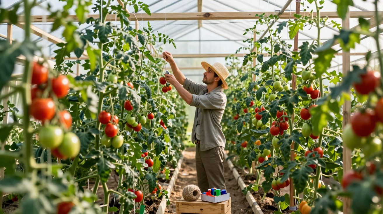 Homem em estufa colhendo tomates maduros entre fileiras de plantas verdes.