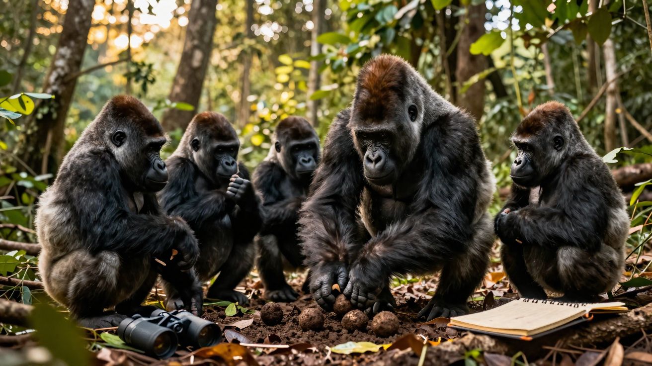 Grupo de cinco gorilas sentados na floresta, com binóculos e caderno próximo, observando objetos no chão.