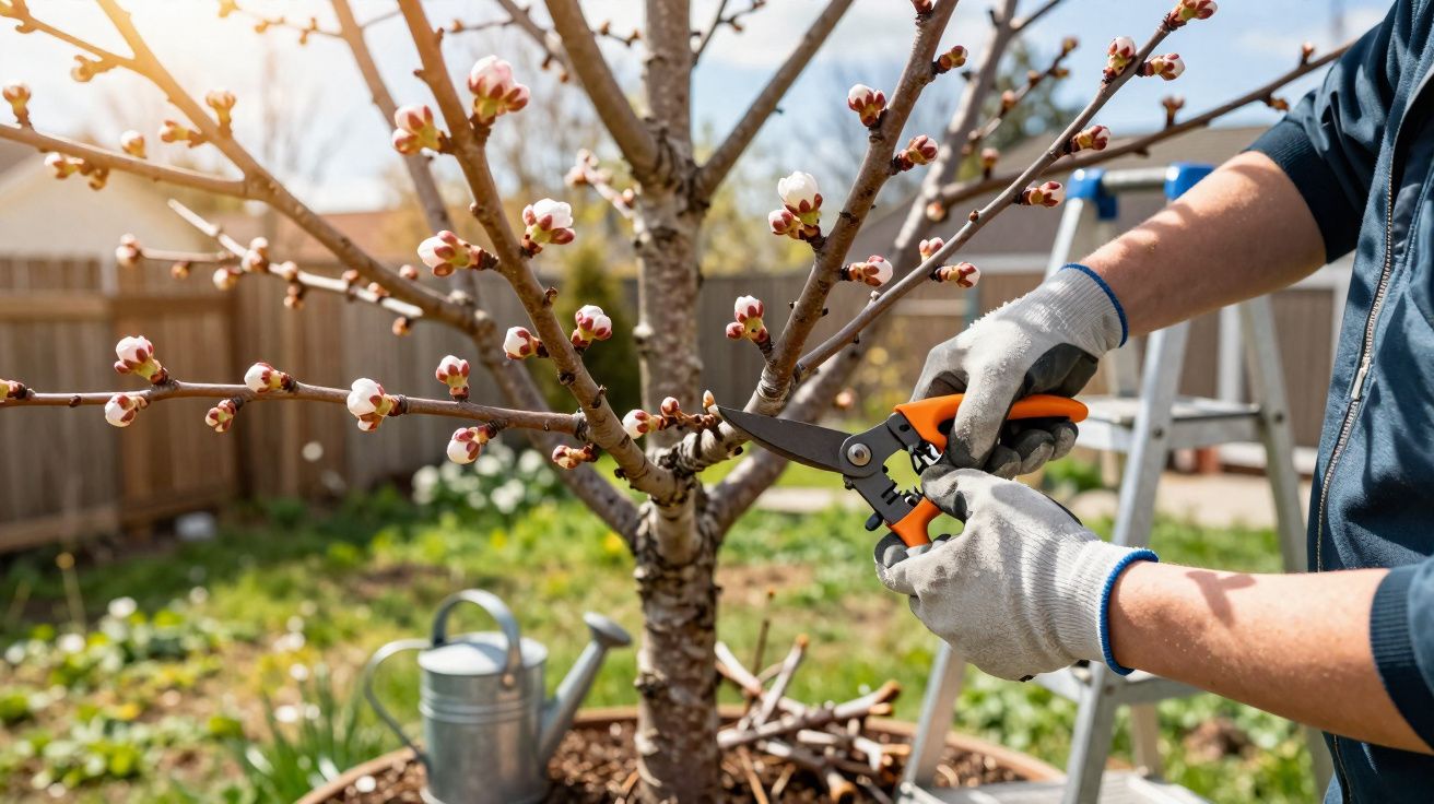 Pessoa podando galhos de árvore frutífera com tesoura de jardinagem em dia ensolarado.