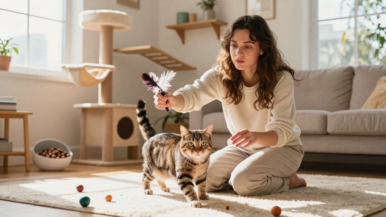 Mulher brincando com gato usando brinquedo de penas em sala iluminada com tapete e sofá ao fundo.